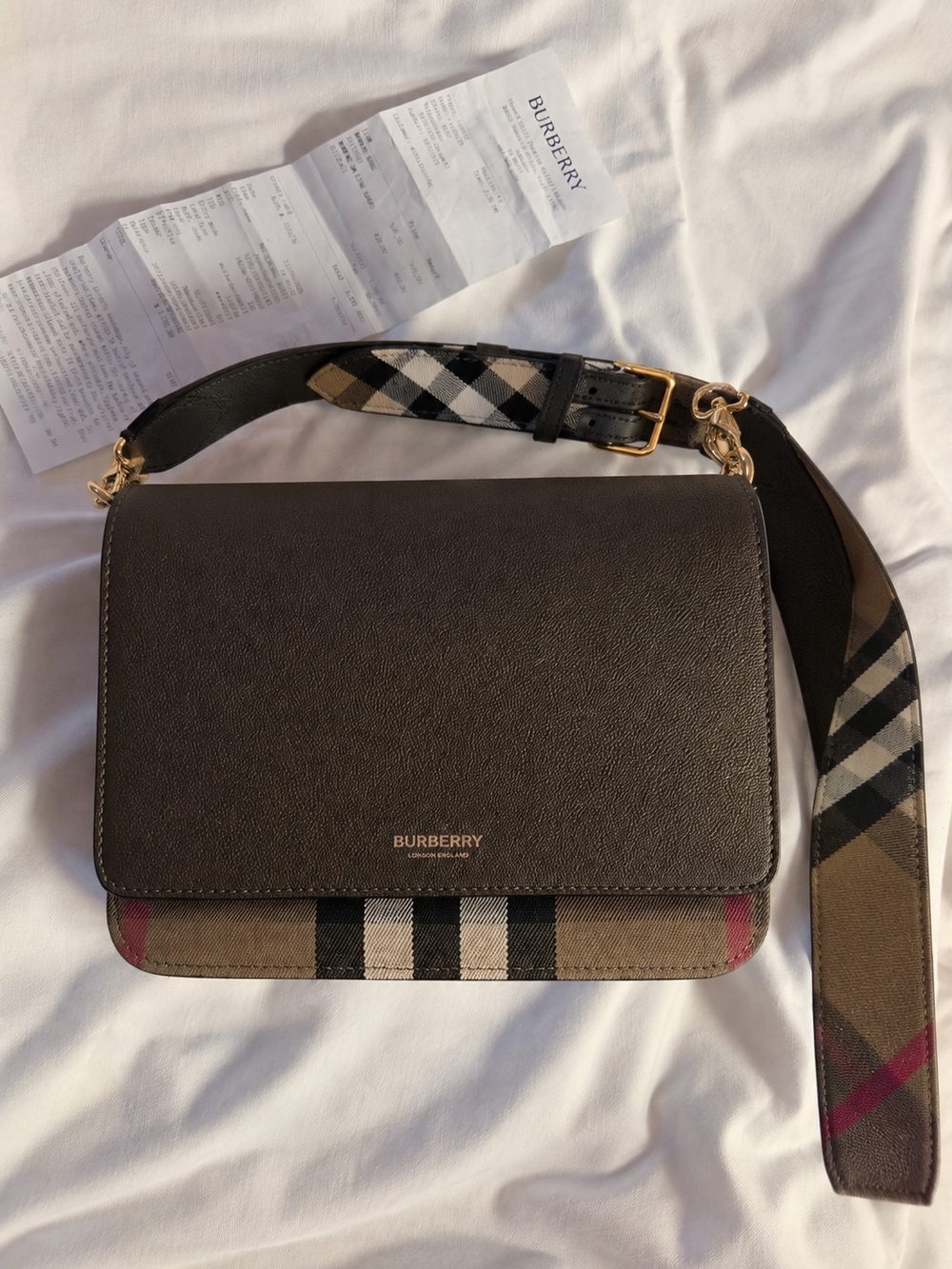 Burberry Brown Leather Crossbody with Signature Check Strap